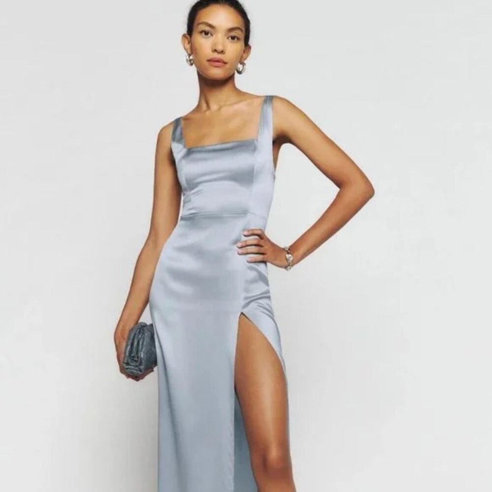 Reformation Satin Midi Dress in Light Blue